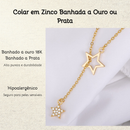 Colar Feminino Estrela Dupla com Strass Banhado Ouro Prata Delicado Feito Zinco