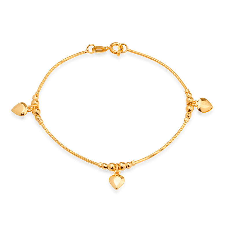 Pulseira Dourada Lisa com 3 Pingentes de Coração