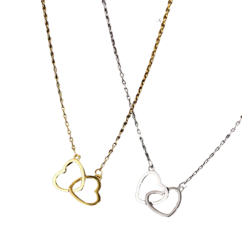 Colar Feminino Duplo Coração Banhado a Ouro ou Prata