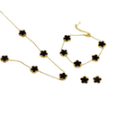 Conjunto de Joias Femininas Trevo Preto Colar Pulseira Anel Dourado Elegante Moda