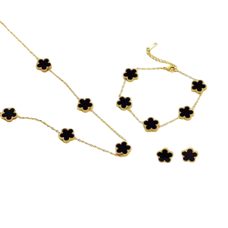 Conjunto de Joias Femininas Trevo Preto Colar Pulseira Anel Dourado Elegante Moda