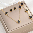 Conjunto de Joias Femininas Trevo Preto Colar Pulseira Anel Dourado Elegante Moda