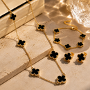 Conjunto de Joias Femininas Trevo Preto Colar Pulseira Anel Dourado Elegante Moda