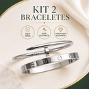 Kit 2 Braceletes Femininos Aço Inox Love Prego Trevo Lisa Prata Dourado